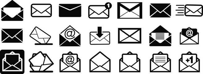 Fototapete - Mails icons Set. Email, post, letter, envelopes isolated on transparent background. Vectors in black flat designs, adapted e-mail icons for web sites and mobile apps. Open envelope, message pictogram.
