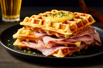 Wall Mural - Ham and cheese-stuffed waffles are served on a plate. (Generative AI)