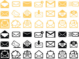 Fototapete - Mails icons Set. Email, post, letter, envelopes isolated on transparent background. Vectors in flat designs, adapted e-mail icons for web, web sites and mobile apps. Open envelope, message pictogram.
