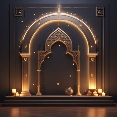 Wall Mural - Ramadan Kareem greeting card. Arabic lanterns and glowing stars on dark background