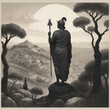 Athena's Mythical Silhouette - Detailed etching of the goddess Athena merged with a natural landscape featuring an ancient city skyline and olive trees. Gen AI