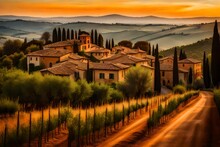 Tuscan Road Near Siena At Sunset, An Ancient Cobblestone Road Leading To A Medieval Castle, The Sun Casting A Warm Glow On The Stone Walls