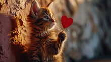 Little Red Kitten Holding A Small Red Heart In Its Paws, Gives His Love. Cute Romantic Card For St. Valentine's Day
