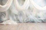 Fototapeta  - Whispers of Elegance: A White Dreamy Sheer Curtain Backdrop for Maternity and Wedding Bliss in a Luminous Room, purity, elegance, and tranquility, capturing the themes of maternity and wedding photo