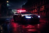 Fototapeta Miasto - Flashing red light. Night-time police car in urban area. Generative AI