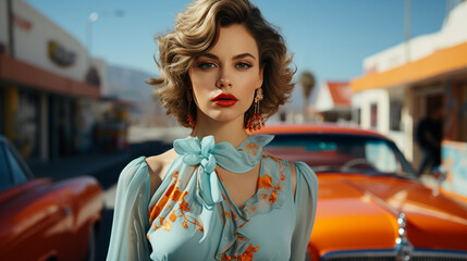 Wall Mural - A striking woman in a blue dress with bold red lips stands confidently next to a sleek orange car on the bustling city streets, exuding style and sophistication