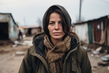 Wall Mural - Portrait of a homeless woman on the street. Homelessness.