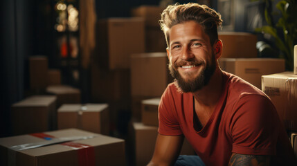 Happy business man setting boxes, box background at apartment. Business online consept.