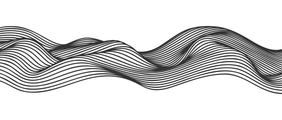 Wall Mural - Vector abstract line art wavy flowing dynamic black isolated on transparent background in concept wave, wind, ocean