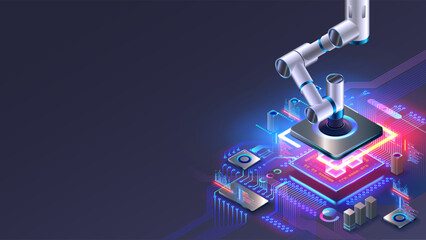 Leinwandbilder - Industrial robot manipulator places electronic components on electronic circuit board on production assembly line. Robot hand holds chip above PCB. AI Automated robotics factory of electronic industry