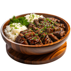 Wooden bowl with beef with rice  isolated on transparent background Generative AI	
