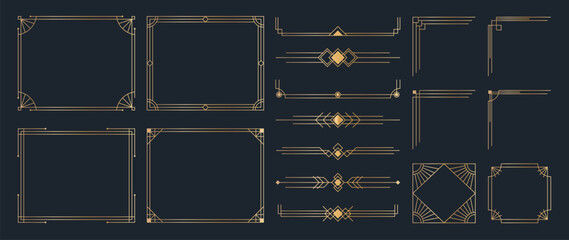 Wall Mural - Collection of geometric art deco ornament. Luxury golden decorative elements with different lines, frames, headers, dividers and borders. Set of elegant design suitable for card, invitation, poster.