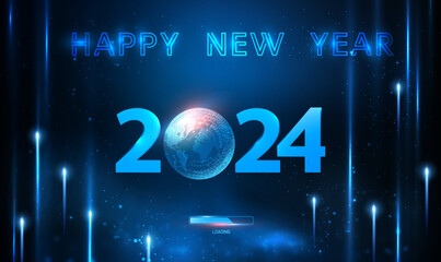 Poster - Happy New Year 2024 digital smart world futuristic technology concept. Blue hologram of the numbers 2024 with planet Earth map.2024 New Year global connection business digital web banner. Vector EPS10