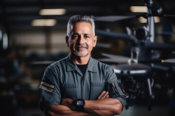 Wall Mural - Portrait of confident mature male pilot standing with arms crossed in gym