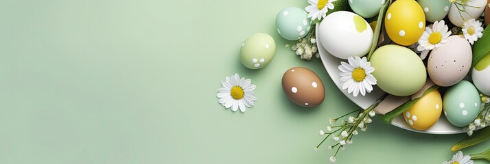 Wall Mural - Colorful Easter eggs in a plate on a light green background green, yellow and white Easter eggs with flowers and dots on eggs frame banner with copy space for text in the middle