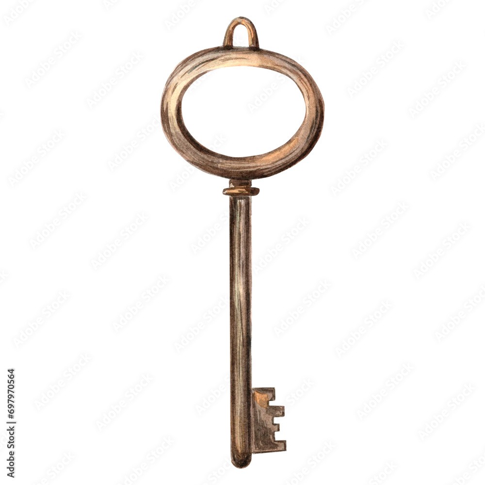 Watercolor old vintage key. Template background illustration of antique ...