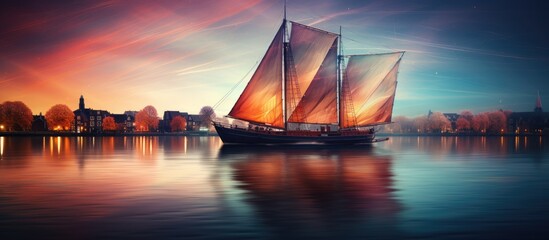 Wall Mural - Boat sails on Dutch river at night, capturing motion and light streaks.