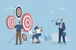 Multiple objectives, Aiming at multiple targets, Failures and incorrect attempts, Unable to decide which target to shoot at, Businessteam with multiple arrows and targets. Vector design illustration.