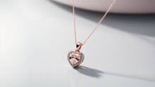 Romantic Gold Heart Shaped Pendant With Inlaid Gemstone On Gold Chain 