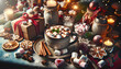 A festive Christmas feast scene featuring a table set with hot chocolate and marshmallows, inspired by the style of Monika Grabkowska's photography, Generative AI