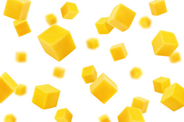 Sticker - Falling Mango cube isolated on white background, selective focus