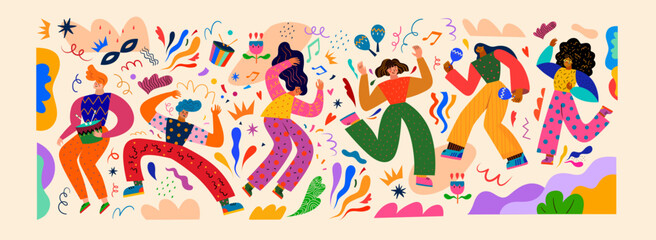 Sticker - Vector illustration with dancing people. Design for Brazil Carnival.	