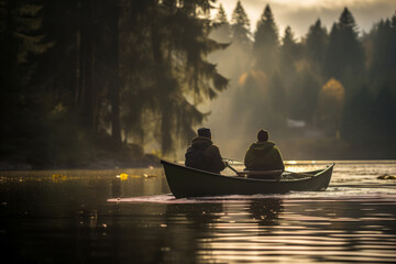 Poster - Two people canoeing on a serene lake at dusk with misty forest background.