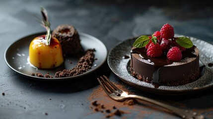 Gourmet chocolate desserts with fresh berries and mint on dark plates against a moody backdrop.