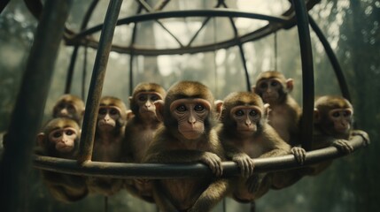 Poster - Visitors observing a playful group of monkeys swinging and interacting in their habitat at the zoo. Generative  AI 