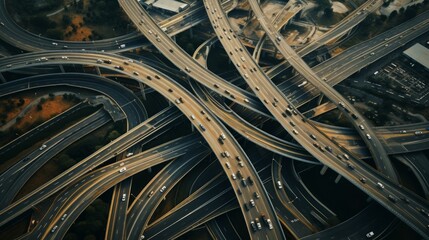 Poster - Top-down perspectives of an intricate stack interchange, emphasizing the levels and connectivity of roadways. aerial. Generative  AI 
