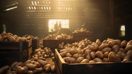 Poster - Storing potatoes in boxes harvest. Generative  AI 