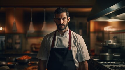 Poster - Portrait of a male chef in a bustling kitchen, multitasking, overseeing cooking activities, professional environment. Generative  AI 