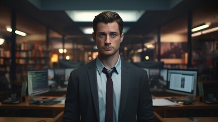 Poster - Portrait of a journalist on the phone, gathering information, multitasking, newsroom environment in the backdrop. Generative  AI 