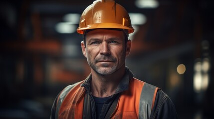 Poster - Portrait of a builder with a hammer and level, confident and skilled, on a construction site background. Generative  AI 