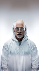 Poster - Middle-aged male scientist in a lab, wearing protective gear, subtle smile, in full stature against a white background. Generative  AI 