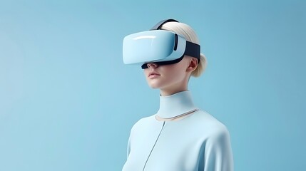 Wall Mural - Young woman wearing a mixed reality headset and experiencing simulation, metaverse and cyberspace.