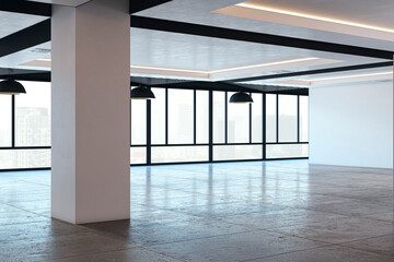 Poster - Empty spacious interior design with panoramic windows and city view, reflections on wooden flooring. 3D Rendering.