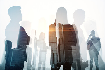 Poster - Creative city skyline with businesspeople silhouettes on light texture. Teamwork, partnership and success concept. Toned image. Double exposure.