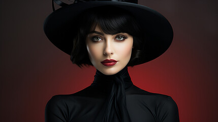 Wall Mural - A mysterious woman with a dark aura dons a striking black hat and blouse, her intense gaze piercing through the wall of fashion and headgear, accentuated by her bold red lips