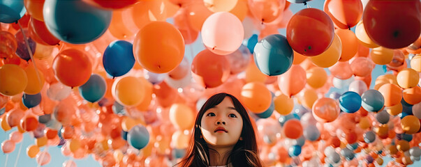 Wall Mural - young girl with many color ballons flying over her head. copy space for text.