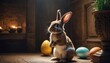  a rabbit standing on its hind legs in front of a potted plant and easter eggs on a wooden floor in front of a fireplace with candles in the background.