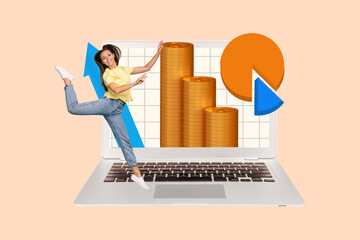 Canvas Print - Artwork collage of excited mini girl big laptop screen pile stack money coins growing arrow upwards diagram charts isolated on beige background