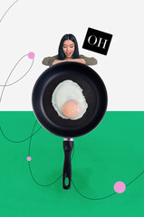 Sticker - Vertical collage picture of astonished mini girl look big pan cooking fried egg isolated on painted divided white green background