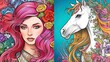 Illustration of magical mythical creatures, beautiful princess and cartoon unicorn with fantasy elements for greeting cards, theme party invitations, outline for coloring book