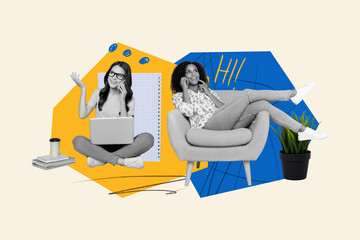 Poster - Composite collage picture of two black white colors cheerful girls speak telephone sit chair study use netbook isolated on creative background
