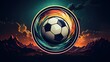 Football sport logo, isolated modern emblem with flying ball on sunset background, decorative club badge suitable for championship or team