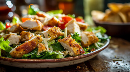 Wall Mural - Caesar salad with chicken close-up. Restaurant serving.