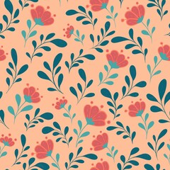 Wall Mural - Floral seamless pattern with poppy and leaves peach fuzz background