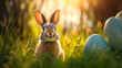 Niedlicher Hase mit Ostereiern lauscht aufmerksam auf grüner Blumenwiese