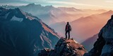 Fototapeta  - Adventure and exploration in heart of nature. Lone traveler adorned with backpack stands triumphantly on mountain peak gazing at breathtaking panoramic. Rugged terrain dusted with snow touch of winter